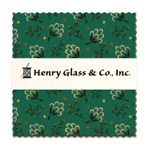 May include: A square fabric swatch with a scalloped edge, featuring a dark teal background with a repeating pattern of cream-colored floral designs, brown branches, orange berries, and yellow stars. The text "Henry Glass & Co., Inc." is printed on a white band.