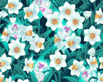 Pixies & Petals, Pixies and Daffodils 188G-66, Glow in the Dark Fabric, Henry Glass Cotton Fabric, Priced/Sold by the Half Yard