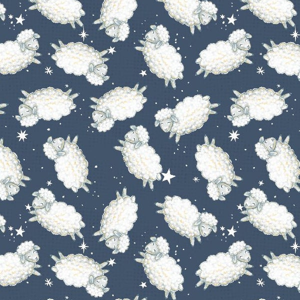 Sheep Fabric, Nursery Fabric, Reach For The Stars, Sheep Toss Navy 96467-419, Wilmington Prints, Quilting Cotton Fabric By The Yard