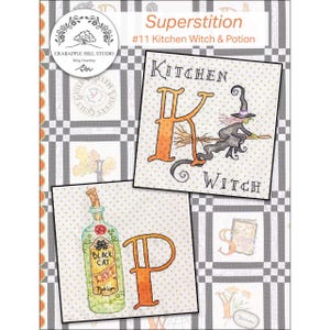 May include: A patchwork quilt with the text "Superstition #11 Kitchen Witch & Potion." The image features illustrations of a witch on a broom, a potion bottle, and the letters "K" and "P" in orange. The quilt has a gray and white checkered pattern.