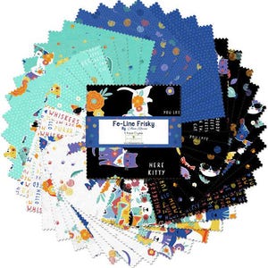 Fe-Line Frisky Charm Pack, Anne Rowan, Wilmington Prints, Whimsical Cat Precuts, 42 Squares, 5&quot; x 5&quot; Quilting Cotton Fabric