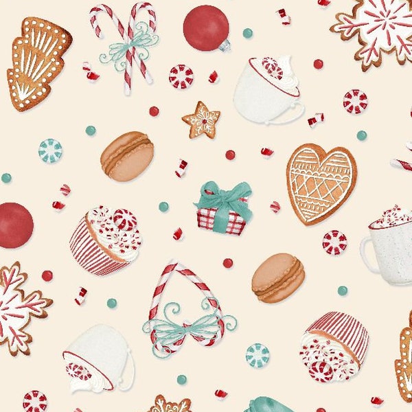 Snowflake Fabric, Cupcake Fabric, Peppermint Parlor, Sweets Toss Cream 27636-237, Wilmington Prints, Quilting Cotton Fabric By The Yard