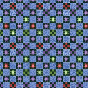 May include: A repeating pattern of squares and stars in a quilt design. The squares alternate between checkerboard patterns in red, green, purple, and black. The stars are in shades of red, green, and purple, set against a blue background.