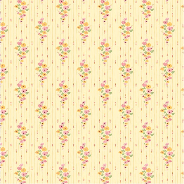 Hollyhock Lane, Love At Home Yellow 23808, Poppie Cotton, Pale Yellow Fabric, Pink Floral Fabric, Quilting Cotton, Fabric By The Yard