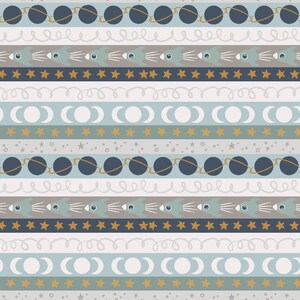 May include: A seamless pattern featuring a repeating design of blue circles, white crescent moons, gold stars, and light blue rockets on a light blue and gray background.