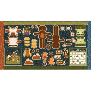 May include: A fabric panel featuring a cartoon bear paper doll set with camping gear including backpacks, sleeping bags, a guitar, lanterns, marshmallows on sticks, clothing, and a calendar labeled June, all set against a dark blue forest background.