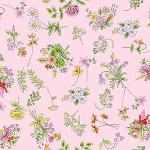 From the Heart, Floral Light Pink 3359-41, Clothworks, Floral Fabric, Flowers and Stems, Quilting Cotton, Fabric By The Yard and Half Yard