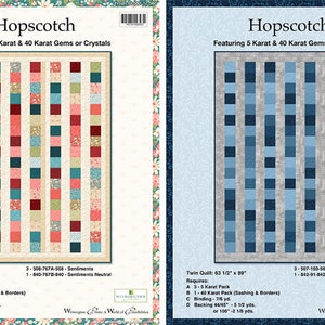 May include: Hopscotch quilt pattern featuring two color variations. The first variation uses a red, blue, green, and cream color scheme. The second variation uses a blue and gray color scheme. The pattern requires 5 karat and 40 karat gems or crystals. The pattern is for a twin quilt measuring 63 1/2 inches by 89 inches.