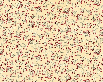 Peut inclure: Un motif sans couture avec de petites baies rouges et des tiges vertes sur un fond crème.