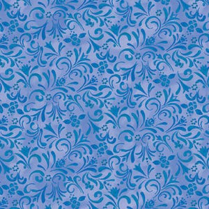 May include: A seamless pattern featuring a repeating floral design in shades of blue. The pattern includes stylized flowers, leaves, and swirling vines against a light blue background. This design is suitable for fabric, wallpaper, or digital art.
