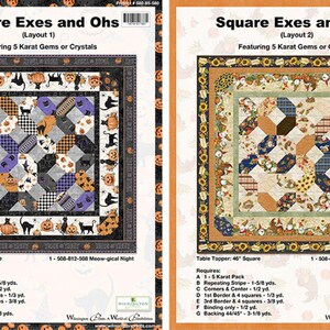 May include: Two square quilt patterns titled Square Exes and Ohs, featuring 5 Karat Gems or Crystals. The left layout displays black cats and pumpkins, while the right layout shows gnomes and sunflowers. Both table toppers measure 46 inches square.
