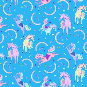 Moonbeams & Rainbows, Tossed Unicorn and Rainbow 375-17 Kate Mawdsley, Henry Glass Quilting Cotton, Fabric By The Yard and Half Yard