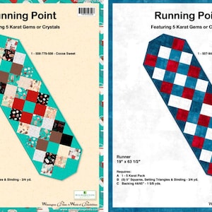 May include: Two quilt patterns titled Running Point featuring 5 Karat Gems or Crystals. The left runner is 19" x 63 1/2" in teal, red, brown, and patterned squares. The right runner is 19" x 63 1/2" in blue, red, and white squares.