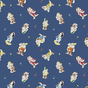 Snow White, Cast Toss 102004-02, Seven Dwarfs Fabric, Licensed Disney Fabric, Camelot Fabrics Quilting Cotton, Fabric By The Yard, Half Yard