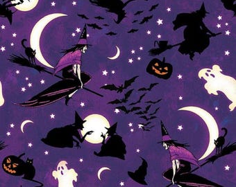 May include: A repeating pattern featuring Halloween-themed illustrations. Silhouetted witches on broomsticks, bats, and jack-o'-lanterns are set against a purple night sky with moons and stars. A black cat and a ghost are also featured.