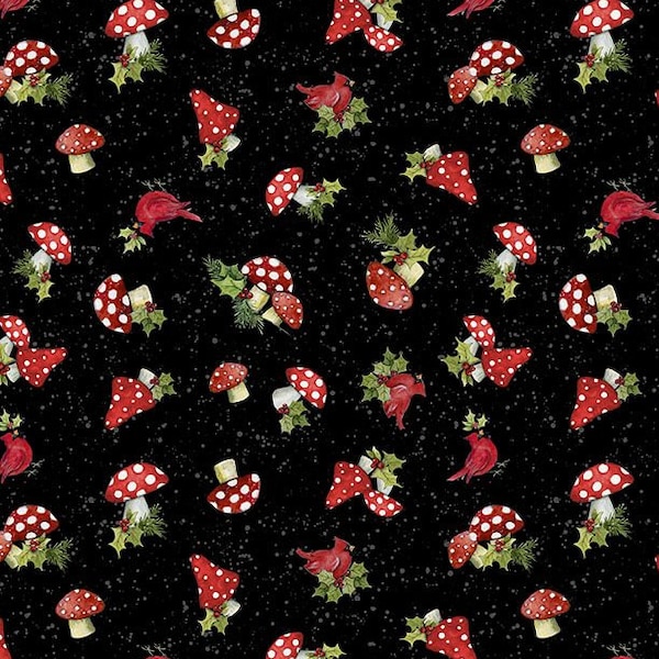 Red and White Mushrooms, Cardinal Fabric, Baby It's Gnomes Outside, Mushroom Toss Black 39805-917, Wilmington Prints, Quilting Cotton Fabric