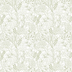 May include: A seamless pattern featuring a variety of delicate, hand-drawn botanical illustrations in shades of green. The pattern includes various leaves, flowers, and stems, creating a natural and organic aesthetic.