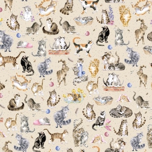 Whiskers & Paws, Directional Cats Cream 10414 E, Hannah Dale, Maywood Studio, Quality Quilting Cotton, Fabric By The Yard and Half Yard