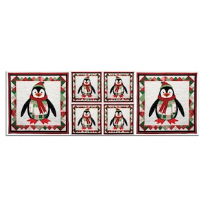 May include: A collection of six Christmas-themed quilted wall hangings with penguin motifs. The penguins are adorned with red scarves and hats, set against a white backdrop with red and green details. The larger pieces measure approximately 30 cm square.