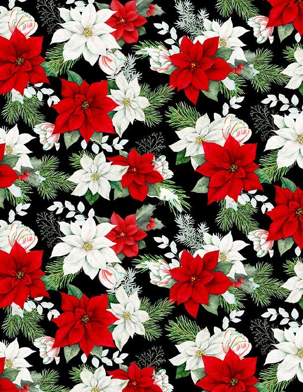 Cardinal Cozy, Seasonal Floral All Over Black 33891-913, Nancy Mink, Wilmington Prints, Quilting Cotton, Fabric By The Yard and Half Yard