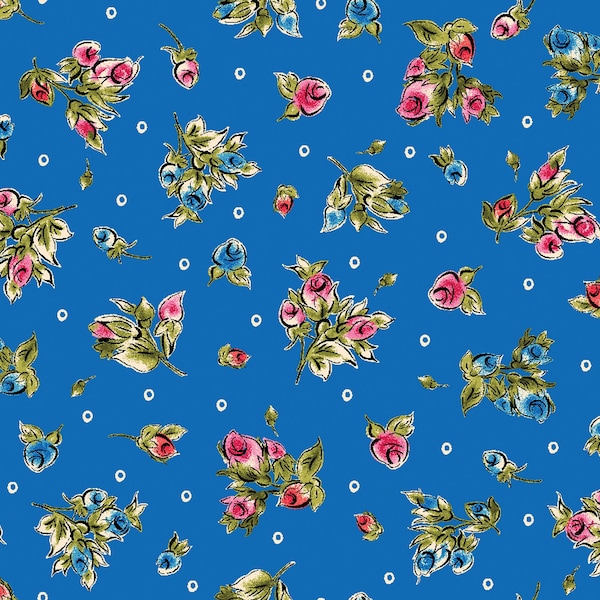 End of Bolt 34", Rosebud Fabric, Blue Fabric, Flower Bud Fabric, Curio Cabinet, Mini Buds 10135-B, Maywood Studio, Quilting Cotton Fabric