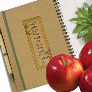 May include: A brown spiral bound notebook with a green ribbon bookmark and a pen. The notebook has a sticker with Hebrew text on it. There are three red apples and a green succulent plant on a white background.