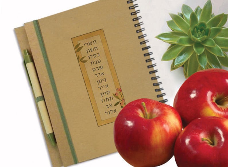 May include: A brown spiral bound notebook with a green ribbon bookmark and a pen. The notebook has a sticker with Hebrew text on it. There are three red apples and a green succulent plant on a white background.