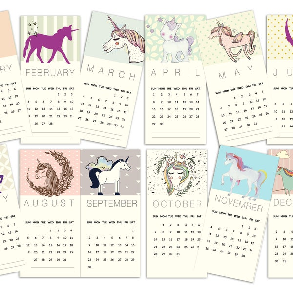 2019 Calendar, Unicorn Design, 2019 Illustrated Calendar, 9.5/20 cm, Original Designed Calendar, 12 Monthly Pages, Wall Calendar 2019
