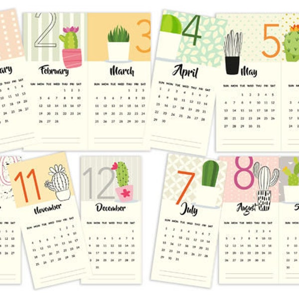 Digitale Druckdatei, 2018 Kalender, Kaktus Design, Illustrierter Kalender 2018, 9,5/20 cm, Original gestalteter Kalender, 12 Monatsseiten