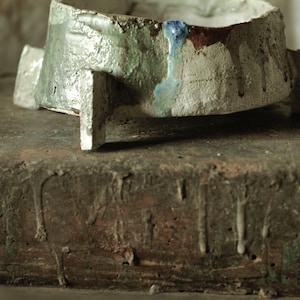 Unique handmade ceramic bonsai tree pot with sea glass detail. Wonky wabi sabi