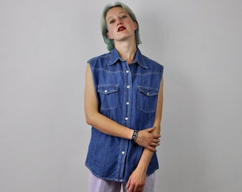 VINTAGE 1990's Women's Large Sleeveless Blue Denim Shirt, Gilet Waistcoat Jacket 100% Cotton Tank Top Button Up Vest Body Warmer Jeans L 9