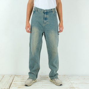 KARL KANI Vintage Men&#39;s W40 L36 Relaxed Straight Jeans Denim 2XL Pants Trousers Streetwear Zip Fly Cotton Utility Hip Hop Blue Rap Eminem 4j