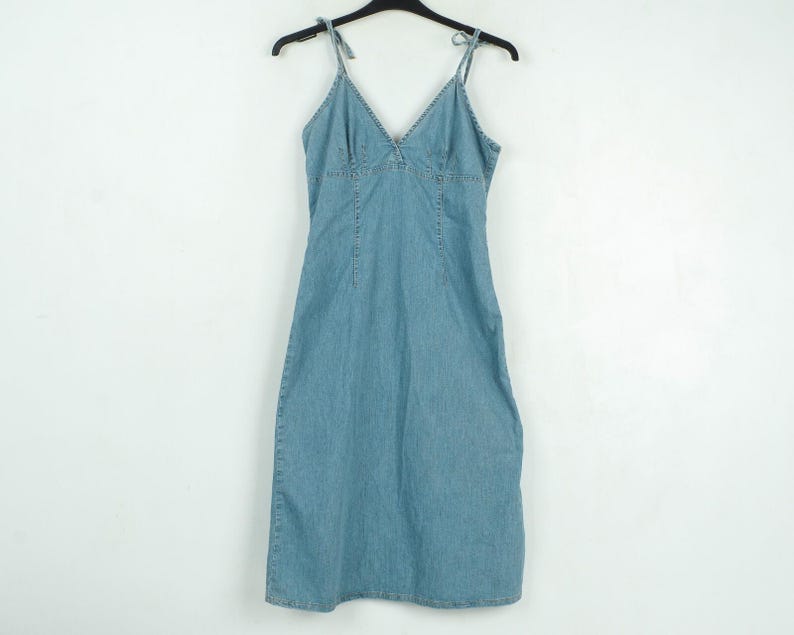 H&m women l denim mini dress jean summer dress spaghetti strap zip up back image 1