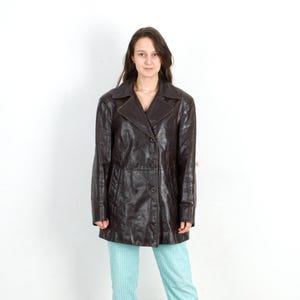 Vintage pellesmo women l black leather coat, overcoat trench mac, double breasted, eu 42 de jacket rock punk goth grunge streetwear 80s 2v