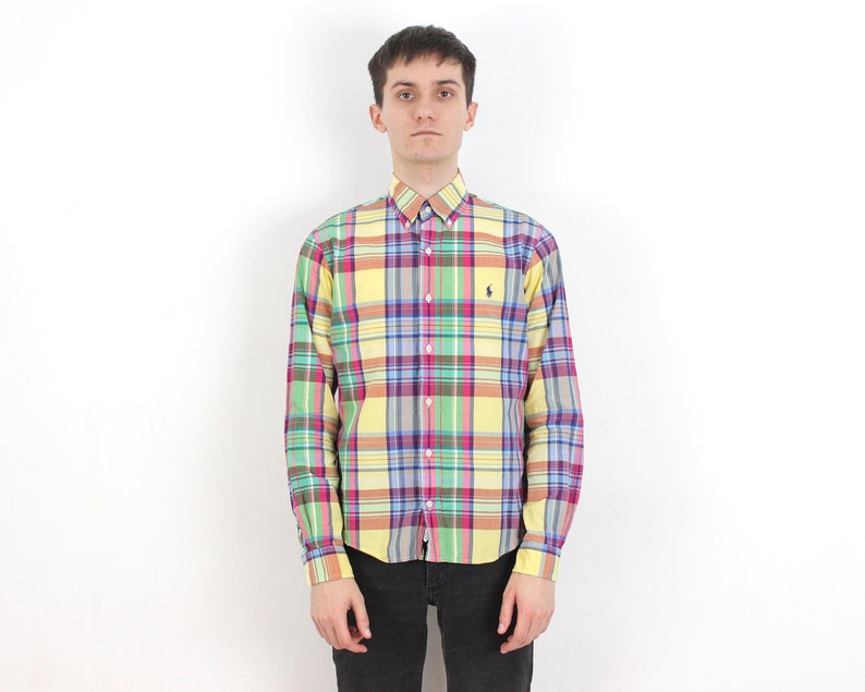 Polo Ralph Lauren Vintage Men S Cotton Multicolor Yellow Green Shirt Button Up Long Sleeve Check Plaid Tartan Flannel Formal Casual Retro 3k image 1