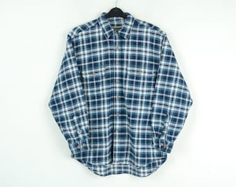 Vintage FIELD & STREAM Uomo L Flanella Abbottonata Camicia Giacca Plaid Tartan Check Tartan Blu Bianco Top 2n