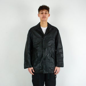 Leather Vintage Mens XL Jacket Over Coat Moto Black Gothic Button Up Matrix Grunge Rocker Motorcycle 90&#39;s Outdoors Biker Streetwear Retro 4j