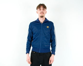 Veste de survêtement rétro XS/S pour homme vintage des années 1970, pull sport avec fermeture éclair complète, football tennis des années 70, course de jogging, bleu marine 4v