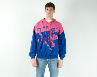 vintage L Sweat à capuche ADIDAS pour homme des années 80 pull pull vêtements de sport sportswear rétro coton bleu marine rose à capuche des années 1980 haut 4b