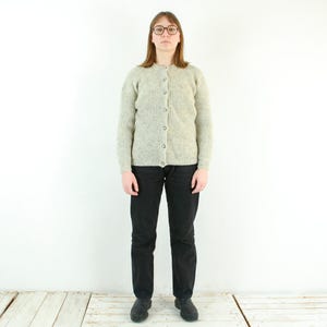 Vintage handmade women l wool cardigan, chunky sweater button up jacket authentic hand knit cable knit pattern winter cosy fisherman grey 4v