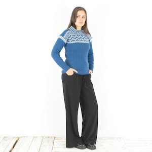 Vintage women m norwegian wool pullover, sweater jumper knit top winter christmas nordic winter warm patterned scandinavian high crewneck 3n