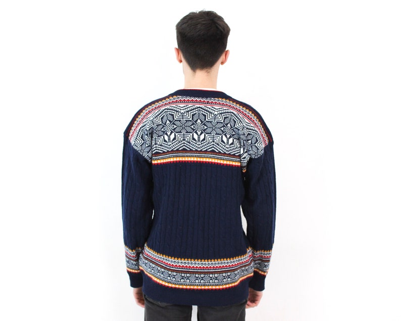 Vintage Men's M Merino Wool Jumper Pullover Sweater Norwegian Knit Nordic Top Knitted Norway Clasp Neck Retro Norway Navy Blue Red White 3v image 5