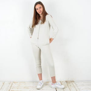 Vintage women&#39;s xs linen jumpsuit, overalls boilersuit summer french comfy light coveralls playsuit dungarees beige long sleeved pockets 2v