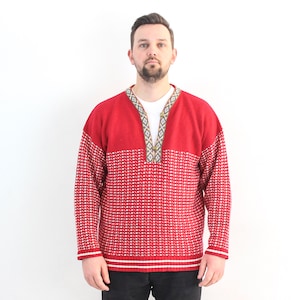 Vintage HPO Men L Acrylic Jumper Pullover Sweater Scandinavian Knit Nordic Top Knitted Retro Red White Multicolour Warm Norway Norwegian 3k