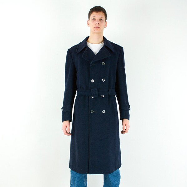 TIROLER LODEN Wool 1980's Vintage M Men's Jacket Long Coat, with belt Uk 40 Us Blue navy Button Made in Austria Retro 50 Eu De Overcoat 4v