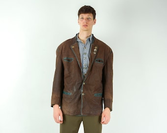 Giacca da uomo vintage Trachten Uk 44 Us in vera pelle, giacca Eu 54 sportiva, verde marrone Jager Janker XL Oktoberfest austriaco tedesco Top 4g