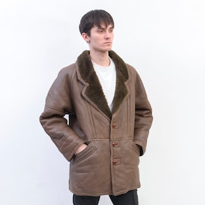 Shearling Vintage S heren VK 38 VS schapenleer boho sherpabontjas bruine jas EU 48 winter warme retro button-up blazer bommenwerper 2V