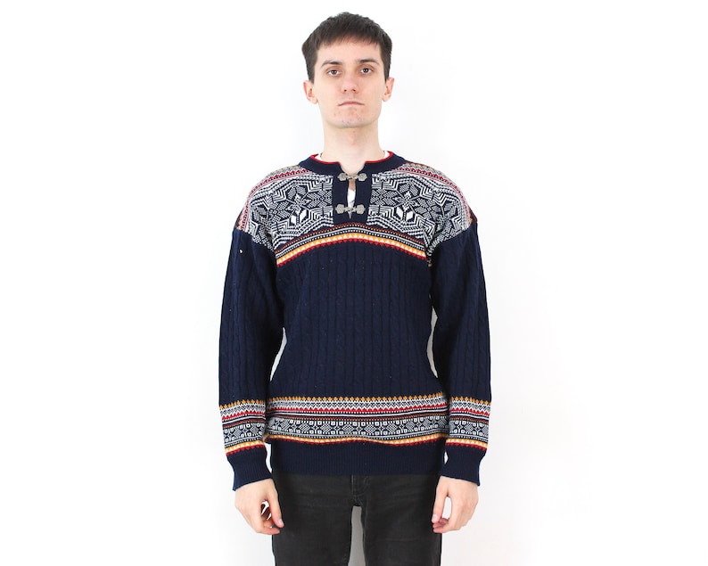 Vintage Men's M Merino Wool Jumper Pullover Sweater Norwegian Knit Nordic Top Knitted Norway Clasp Neck Retro Norway Navy Blue Red White 3v image 1
