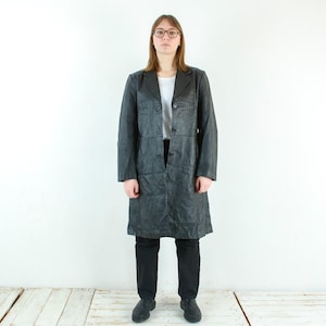 Vintage target women xl leather coat, black button up jacket us 16 trench mac 80s matrix rocker raver goth black minimalistic trench mac 4v