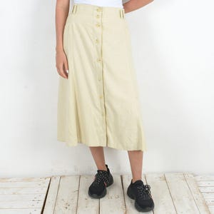 Vintage women xl eur 46 organic linen skirt, yellow button up midi pastel summer boho chic rustic wedding bottoms ladies flax 2a